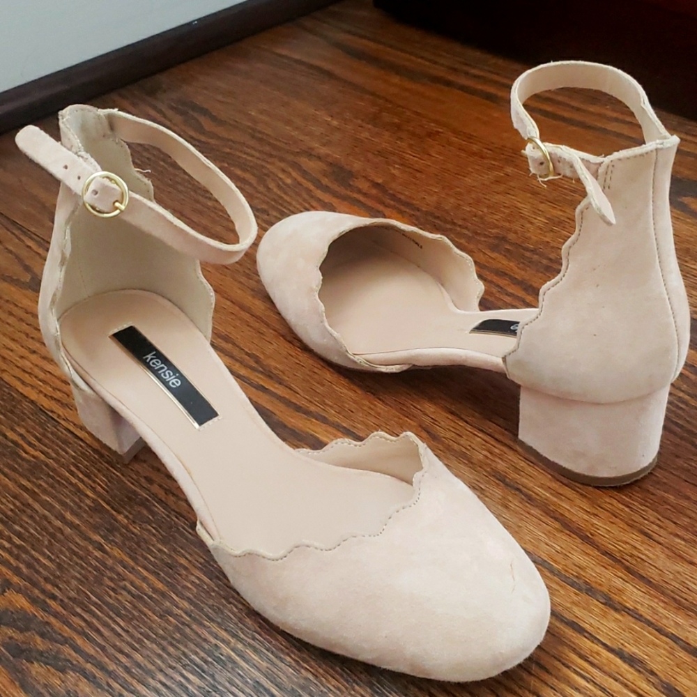 Nude suede block heels